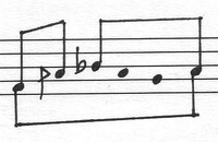 Image of a short melodic phrase on a five-line staff with koron symbols for some notes tuned approximately a half flat.