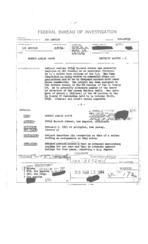 Adrian Scott FBI File, March 3, 1944