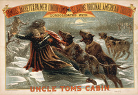 A theatrical poster showing a woman clutching her baby and fighting off vicious dogs as she runs across sheets of river ice.