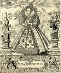 Engraving of Queen Elizabeth I of England, full-length, wearing an elaborate dress with large ruff, holding an orb and an olive branch, standing between two pillars with figures representing peace and plenty, in a landscape; below reads “Eliza, Triumphans,” within a strapwork border including the royal coat of arms.