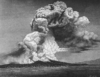A black and white engraving of a volcanic eruption. The majority of the image is a large plume of smoke and ash, rising from the low volcano, over water.