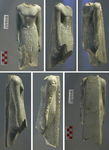 Fig 93: Pharaonic statuette found in House 3, Room 11. It is headless and broken off at the knees, having a height of 12.7 cm. The male figure is clad in a short, pleated kilt with a wedge-shaped front part.