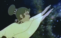 A still from an animation in a medium close-up shot. It shows a female figure flying through outer space, with her arms stretched forward.