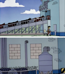 Top: Animated image of cows entering a gray building via an elevated conveyor belt, with white clouds in the blue sky in the background and green grass on the ground. At the bottom of the building, a man and a boy enter the building through a door. Bottom: Animated image of the exterior of a gray building, with windows bricked over and a barbed wire fence in the foreground.