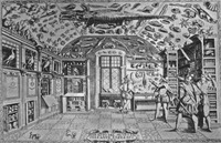 Black-­and-­white printed illustration of a large room, whose walls and ceilings are covered with objects and animals. Four men stand around the room, looking at an alligator suspended from the ceiling, toward which one of the men gestures with a stick.
