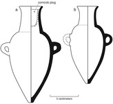 A drawing of two miniature Camacho Black amphorae. The amphorae on the left is larger and has a corncob plug in its neck. The amphorae on the right is missing its left handle.