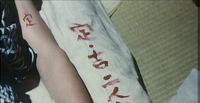 Kichi's arm and the funton on which "Sada, Kichi, the two by themselves" is written with Kichi's blood