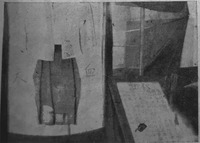 A photograph of blood clothing used at a public exhibition on land reform in Baoxi Township in Chongming County. The bloody shirt and pants are displayed vertically on the left with the Chinese characters for “bloody clothing” (xue yi); to the right of the display is a descriptive plaque.