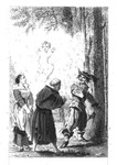 Cupid appears ethereally airborne as he holds court near a large tree. As a young lady looks on, a monk in a sack cloth is accosted by a soldier who looks rather like one of the three musketeers. He seems to direct his gaze as much toward us as toward the monk.