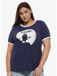 A model with dark hair wears the same navy ringer shirt with white My Neighbor Totoro design that @zoeyrebecca_ wore in her Instagram post.