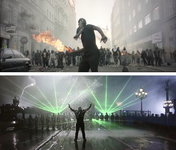 Two stills from a music video. The first shows a confrontational protest. The second shows a reverse angle from the same protest, but now with the green beams of a laser light show.