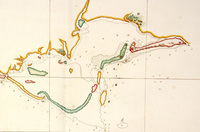 This chart shows the entrances to the Bay of Tayouan (up is north). Between Zeelandia and the crooked island just above it was the deepest and widest entrance (the numbers are depth measurements), which was guarded by two fortifications: Fort Zeelandia and a smaller redoubt known as Zeeburgh. When Zheng Chenggong invaded Taiwan, he was able to avoid the main channel, since his junks did not draw so deeply as European ships. Instead, they entered by means of shallower channels, safely out of range of Dutch artillery. Used by permission of the Austrian National Library (finding aid: Atlas Van der Hem, V. XLI, sheet 4-2). Source: Austrian National Library, Atlas Van der Hem, V. XLI, sheet 4-2