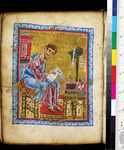 A tan parchment depicts a man writing on a document while sitting on a chair. Some ornaments are placed on a table before the man. A color bar is placed on the right.
