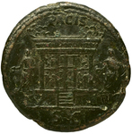 A bronze coin of Domitian depicting either the Ara Pacis or a new altar to Pax in the Templum Pacis.