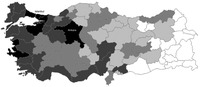 This map shows the socioeconomic development levels of Turkish provinces, painting the province in a darker shade as its level of development increases. The map is darkest around Ankara (in the center), Istanbul (in the northwest), and İzmir (in the west), but the Aegean and Mediterranean coasts (west and southwest) also stand out. The map is lightest in the southeast and the east, and central regions are in between.