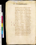 A tan parchment with Greek lettering in red, with a color bar at the left side.