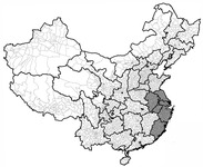 A map of China with 1950 provincial and county borders. The provinces of Anhui, Jiangsu, Zhejiang, and Fujian are shaded in, as they are all included in the county sample used for the quantitative analysis.