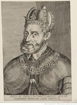 Engraving of Charles V, bust-length, with a beard, wearing armor, the imperial crown, and a collar of the Order of the Golden Fleece; below identifies his name and title in Latin.