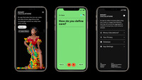 Screenshots: Three rectangle smartphones facing screen up. On the left is a smartphone screen with white text on a black background with a pixelated photo of a Black woman in a colorful dress. In the center is a smartphone screen with one sentence of black text on a green background with two red dots on the bottom. On the right is a smartphone screen with white text on a black background.