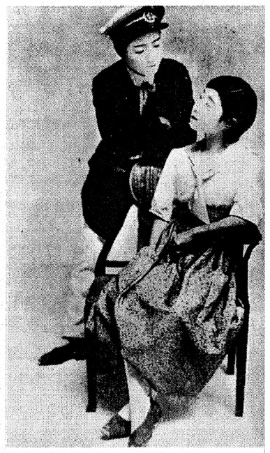 The early Revue with and without whiteface. Right, a scene from Five Daughters (Gonin musume, 1920) with the childlike actors in whiteface. Opposite, in 1930 the application of whiteface was discontinued, and the Revue's cast appeared more adult, as evident in the scene from Rosarita (Rosariita, 1936). From The Takarazuka: Takarazuka kageki 8oshūnen kinen (1994:84) and Hagiwara (1954:13).