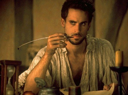 Joseph Fiennes as Shakespeare writing in his garret, Shakespeare in Love (Miramax Films / Universal Pictures, 1998).