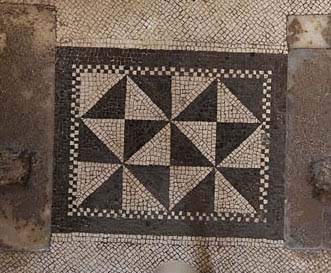 Fig. 18.22. Room 16, southeast corner, detail of mosaic with windmill motif. Photo: P. Bardagjy.