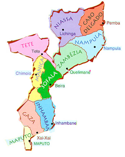 Source: Centro de Informática da Universidade Eduardo Mondlane, Página Oficial de Moçambique (http://www.mozambique.mz/mapa_sul.htm).