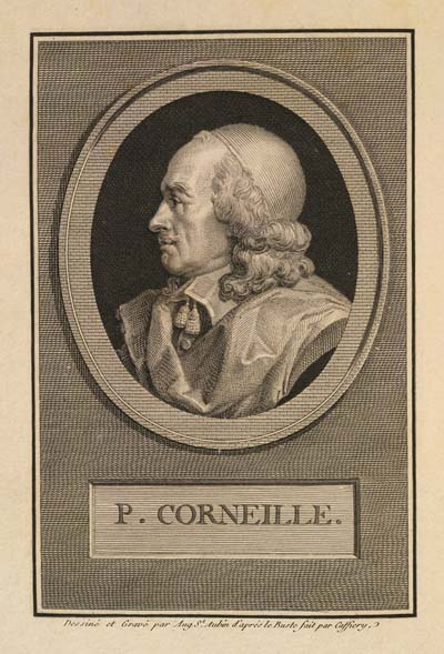 Pierre Corneille. This is an even more academic representation of Corneille, from the mid-eighteenth-century, drawn and engraved by Augustin St. Aubin, based on the mid eighteenth-century bust of the author by Jean-Jacques Caffieri. It is reproduced here from Oeuvres de P Corneille (Paris: Renouard, 1817) t. I [Library of Congress, Division of Special Collections, Rosenwald Collection (#1889)].