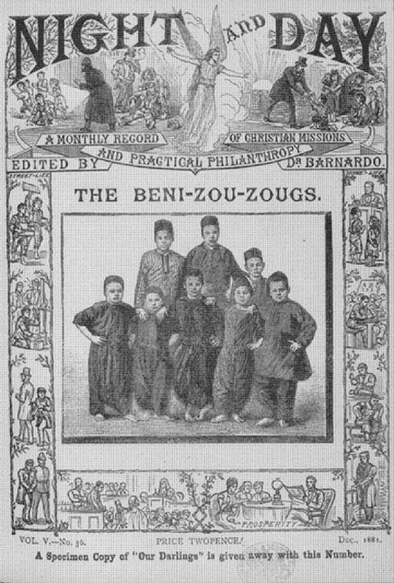 The cover of Night and Day (December 1881), displaying the imperial influences on Barnardo's work.