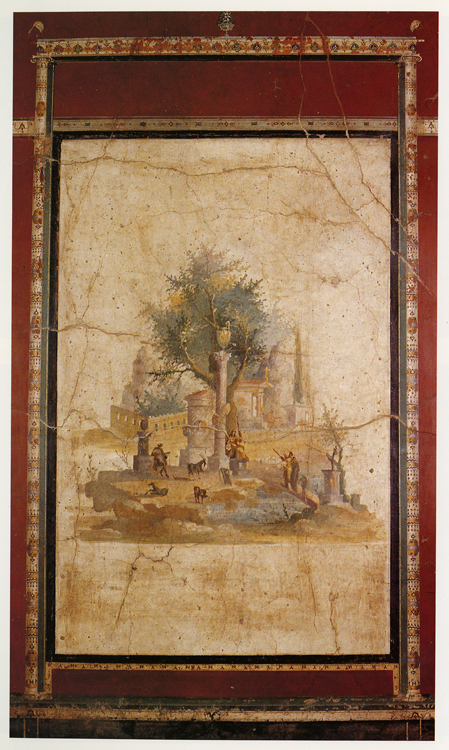 Sacro-idyllic landscape, Villa of Agrippa Postumus, “red room” (16), detail of north wall (MANN inv. 147501).