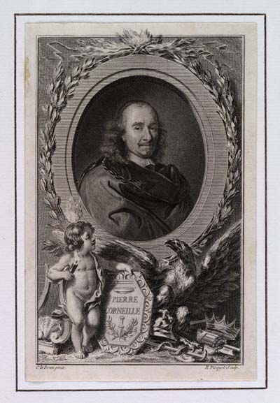 Pierre Corneille. This engraving is based on a Charles Le Brun portrait, engraved in 1734 by Etienne Ficquet, reproduced here from Portraits engravés par Etienne Ficquet, 1738 a 1794 [Paris: 1738-1794]) [courtesy of the Library of Congress, Division of Special Collections, Rosenwald Collection (#1649)].