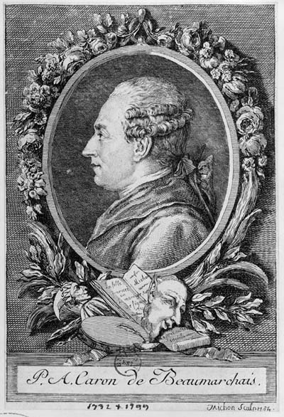 Pierre-Augustin Caron de Beaumarchais. This image of Beaumarchais in the style of an academic portrait was engraved by Michon in 1784, as a potential frontispiece for the anticipated, luxury first edition of Beaumarchais's Mariage de Figaro. It is based on an engraving cut in 1773 by Augustin de St. Aubin, from a portrait drawn by Nicholas Cochin, as a frontispiece for his Mémoires contre Goezmann. This image is reproduced from the BN Éstampes, N2, vol 125.
