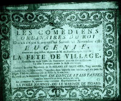 Poster from Comédie Française. The poster shown here is one of a small collection of 12 eighteenth-century posters is held at the BCF.