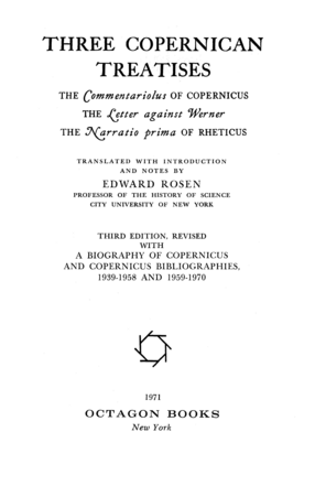 Cover image for Three Copernican treatises: the Commentariolus of Copernicus, the Letter against Werner, the Narratio prima of Rheticus