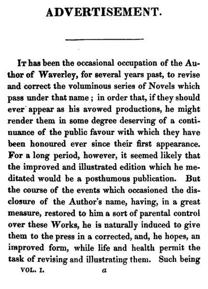 Scott, Waverley Novels, Vol. 1, Advertisement (opening).