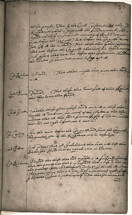 Page from the Putney debates record book, 1647, located at Worcester College, Oxford, MS 65 ff.34v-35r, showing the handwritten record of the conversation. Worcester College, Oxford.