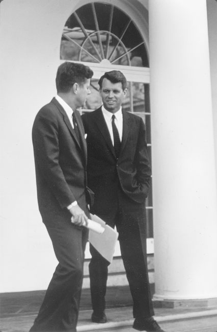 Robert F. Kennedy with his brother, President John F. Kennedy, outside the Oval Office. Serving his brother's political career had been the defining element in Robert Kennedy's life up to November 22, 1963.