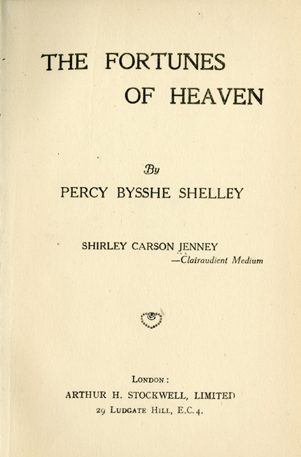 Title page, Shirley Carson Jenney, The Fortunes of Heaven (London: Arthur H. Stockwell, 1937).