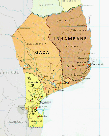 Source: Centro de Informática da Universidade Eduardo Mondlane, Página Oficial de Moçambique (http://www.mozambique.mz/mapa_sul.htm).
