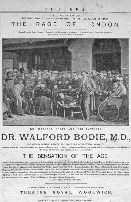 This advertisement for Bodie, circa 1910, indicates his miraculous abilities to heal the lame and demonstrates the grandiose claims that led to his court appearances.