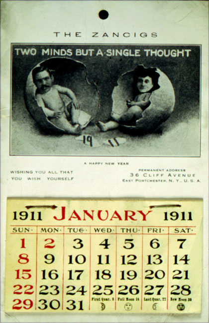 Free of their Victorian stage outfits, the Zancigs greet the new year of 1911.