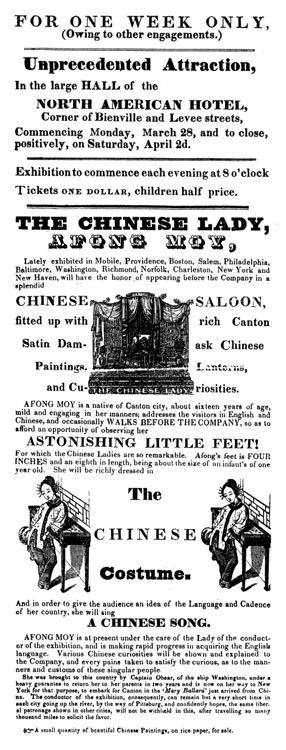 Broadside for Afong Moy, North American Hotel, New Orleans, Louisiana.