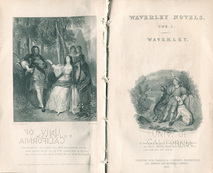 Sir Walter Scott, Waverley Novels, Vol. 1: Waverley (Edinburgh: Cadell, 1829), Frontispiece and Title page.