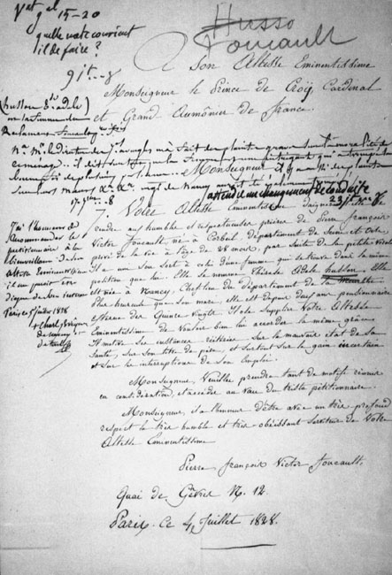 A letter from Pierre-François-Victor Foucault to the Cardinal Prince of Croÿ, July 4, 1828. Administrative file of Madame Foucault (Thérèse-Adèle) born Husson, Archives of the Quinze-Vingts, P48 3506. Marginal notes comment on the morality of the household.